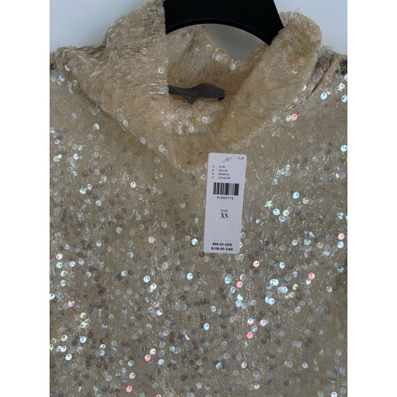 Anthropologie Women’s XS Sequin Sheer Gold Champagne Turtleneck Shirt Retail $98 - Picture 3 of 6